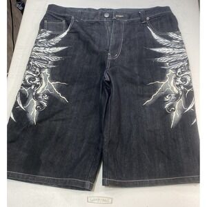 Raw Blue Premium RB Jean Shorts Mens 38 Graphic Fleur De Lis Denim Lightning